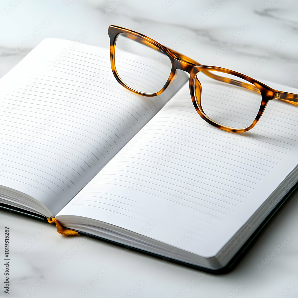 Open notebook with empty pages and stylish glasses, set on a marble surface, inviting creativity and reflection. Open notebook with empty pages and stylish glasses, set on a marble surface, inviting creativity and reflection.