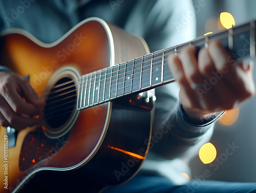 Person playing acoustic guitar, capturing the essence of music in a cozy setting. photo