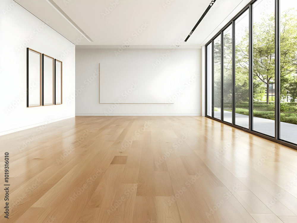 Fototapeta premium Spacious, modern interior with wooden floor and large windows overlooking greenery.