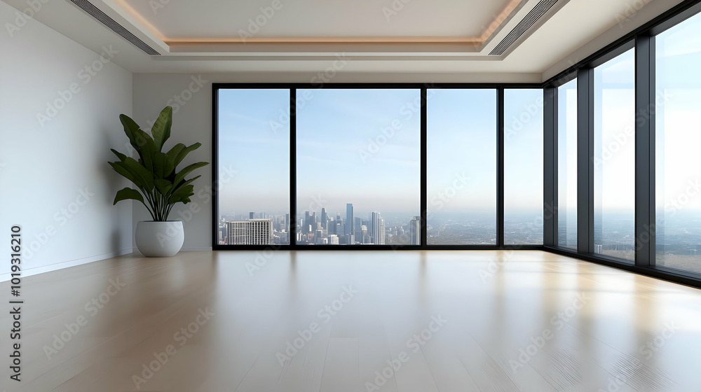 Fototapeta premium Spacious modern interior with large windows showcasing a city skyline and a potted plant in the corner.