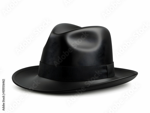 Stylish black fedora hat on a white isolated background, perfect for fashion or costume design.