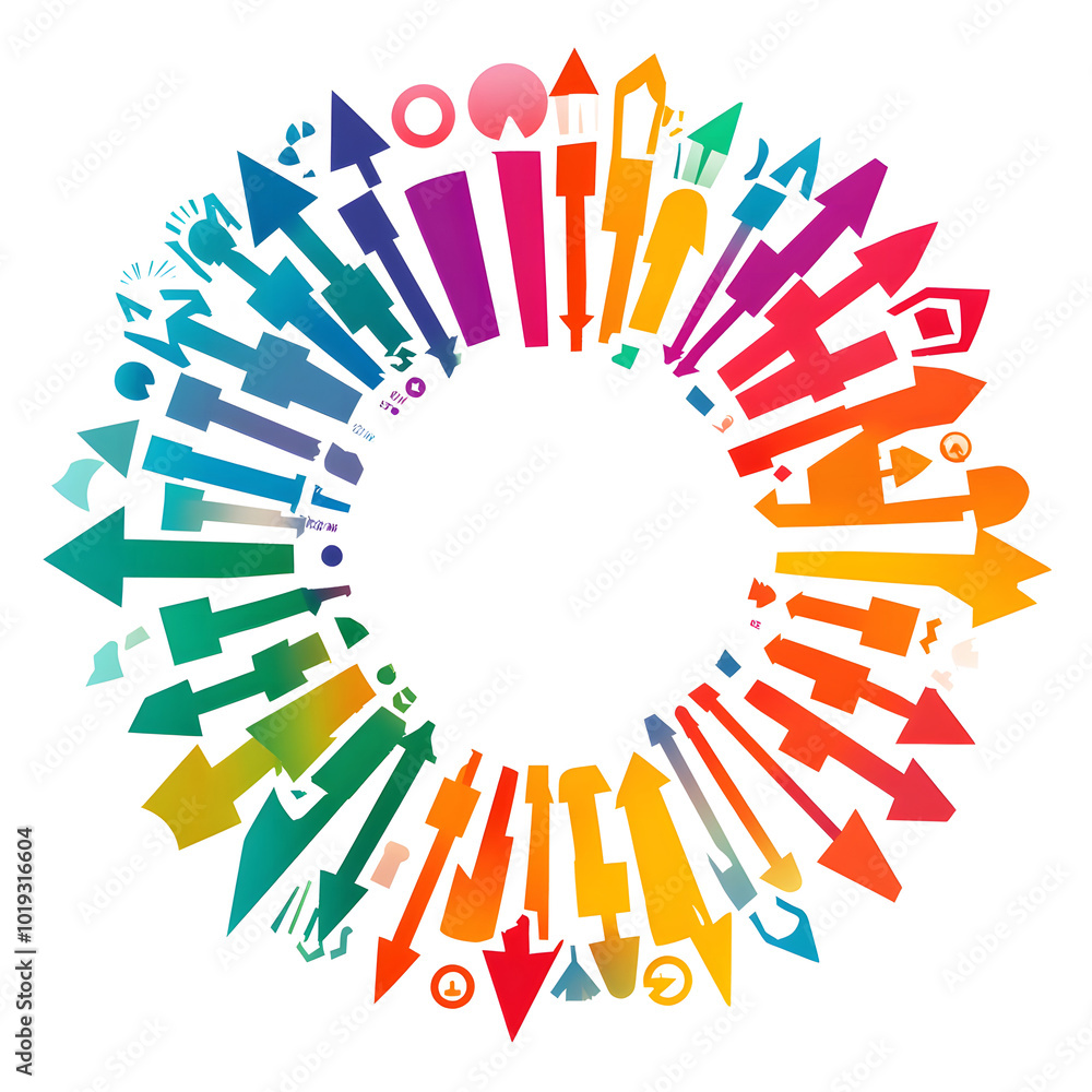 A colorful, circular flow chart with arrows on a white background design, featuring a simple and minimalist graphic design style design. The circles are bright and vivid in design A colorful, circular flow chart with arrows on a white background design, featuring a simple and minimalist graphic design style design. The circles are bright and vivid in design
