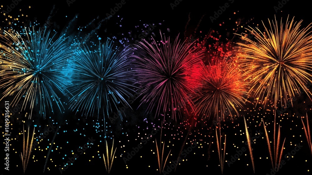 Festive Fireworks Delight - Retro Minimalistic New Year's Celebration Illustration with Playful Color Palette Festive Fireworks Delight - Retro Minimalistic New Year's Celebration Illustration with Playful Color Palette