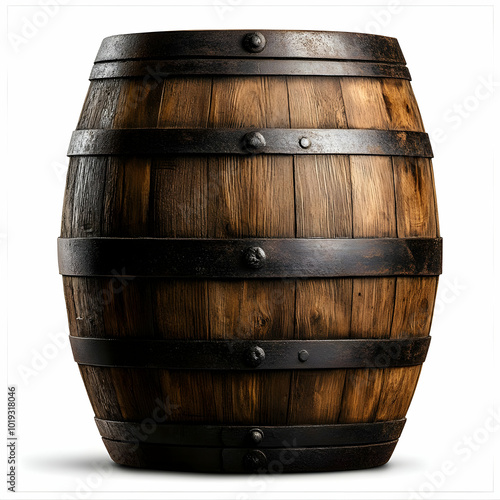 Wooden barrel on a white isolated background, ideal for beverage, storage or rustic themes. photo