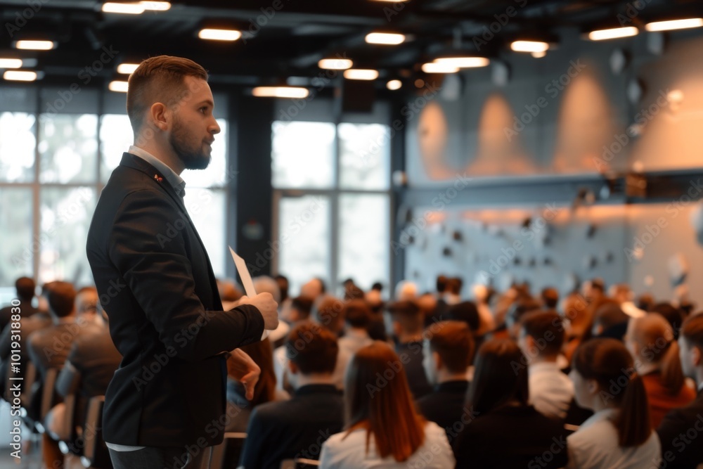 Fototapeta premium Corporate training session with expert addressing a room