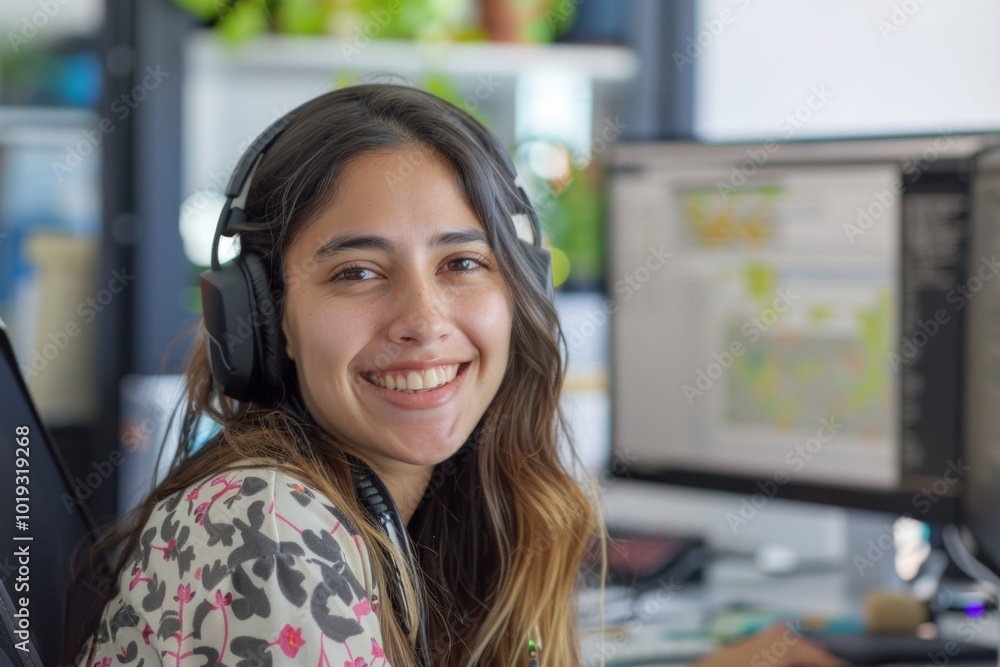 Portrait of a smiling young hispanic female IT support worker in startup company office Portrait of a smiling young hispanic female IT support worker in startup company office