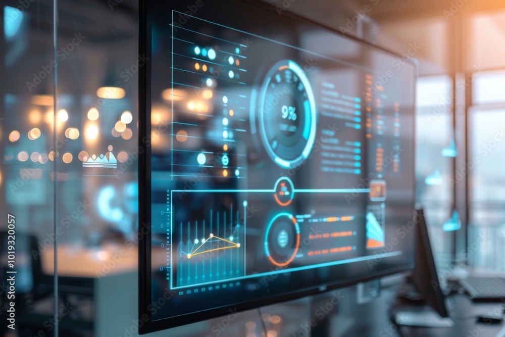 Sophisticated office environment with transparent screen showing swot analysis