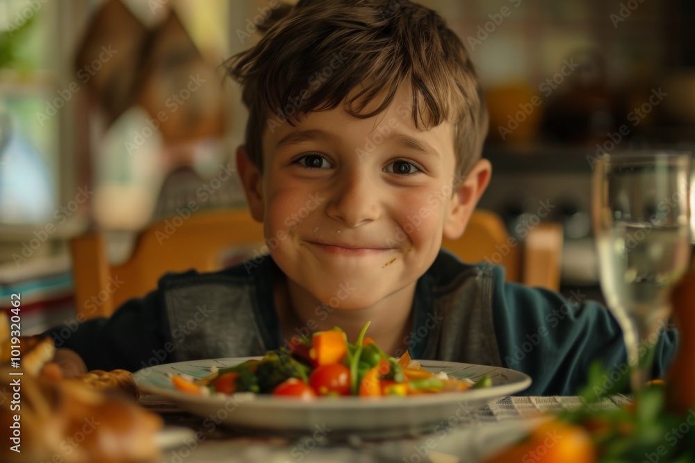Portrait of a smiling young boy enjoying home cooked healthy meal Portrait of a smiling young boy enjoying home cooked healthy meal