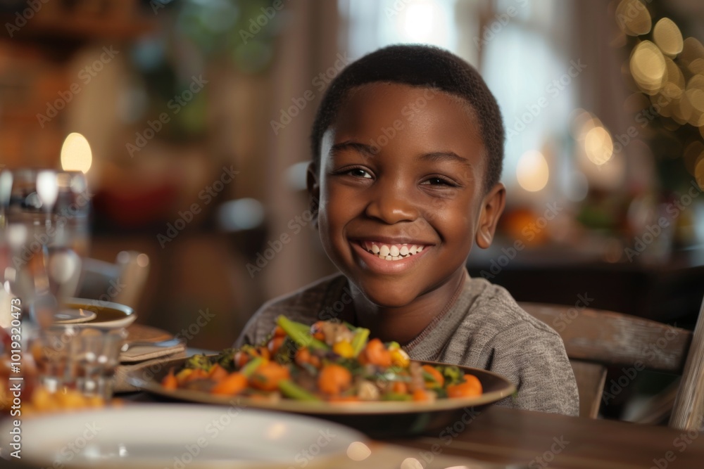 Portrait of a smiling young boy enjoying home cooked healthy meal Portrait of a smiling young boy enjoying home cooked healthy meal