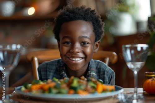 Portrait of a smiling young boy enjoying home cooked healthy meal