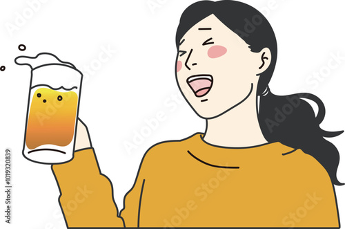 ジョッキでビールを飲む女性のシンプルイラスト