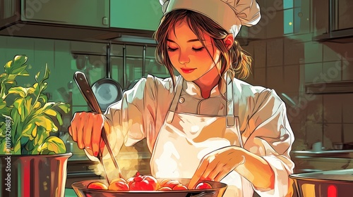 Lofi Anime Girl Chef: Minimalistic Retro Illustration of Young Asian Woman Cooking in Playful Manga Style Kitchen Setting