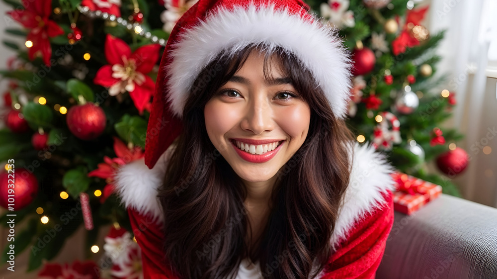 Cheerful Asian Woman Santa Claus in Traditional Red and White Suit Surrounded by Festive Christmas Decorations Cheerful Asian Woman Santa Claus in Traditional Red and White Suit Surrounded by Festive Christmas Decorations
