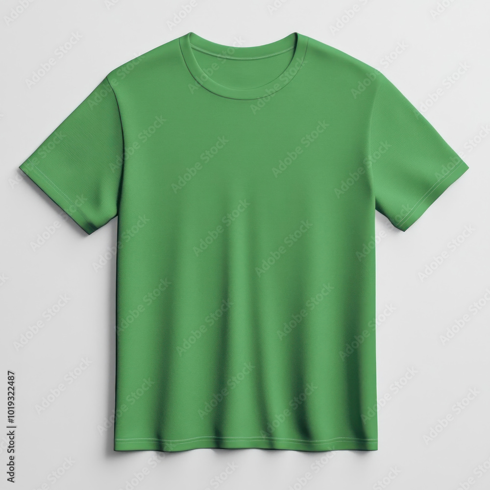 Green t-shirt with round neck and short sleeves, lying on wooden floor next to a pair of white sneakers. Sunshine filters through window blinds in the background. Green t-shirt with round neck and short sleeves, lying on wooden floor next to a pair of white sneakers. Sunshine filters through window blinds in the background.