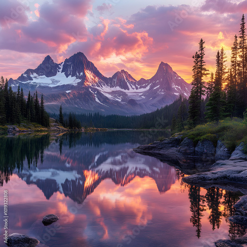 Serene Mountainous Sunrise Reflecting Off Tranquil Lake with Pine Trees and Snow-Capped Peaks