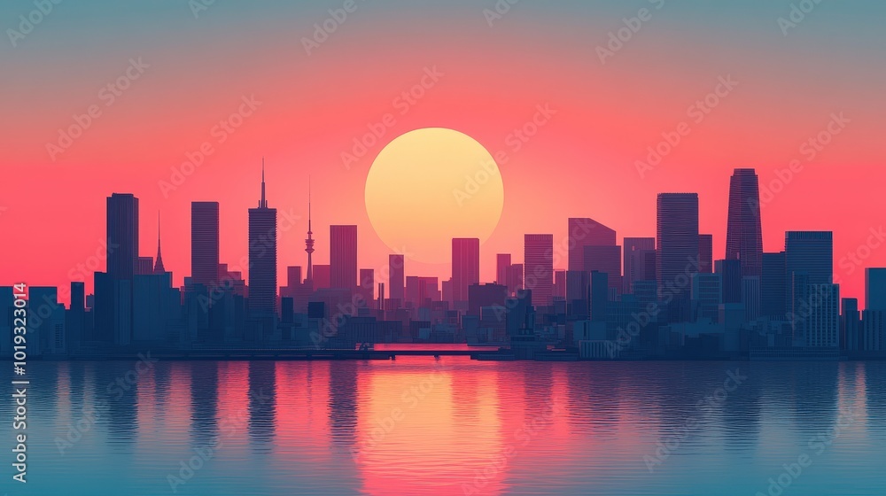 Fototapeta premium Futuristic Minimalist Cityscape at Sunset - Anime Style Vector Illustration with Modern Architecture and Surreal Elements