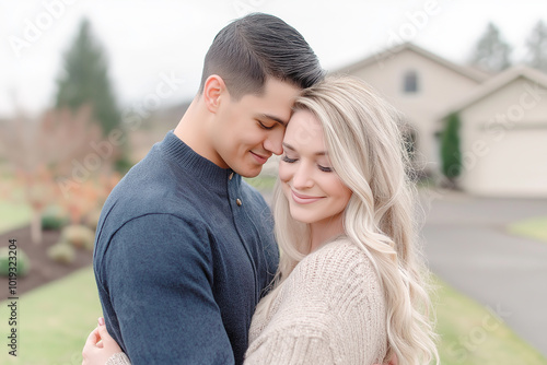 A couple happily kissing in a park, surrounded by nature and enjoying a romantic summer day together. Shoot in soft lighting and bright tones.