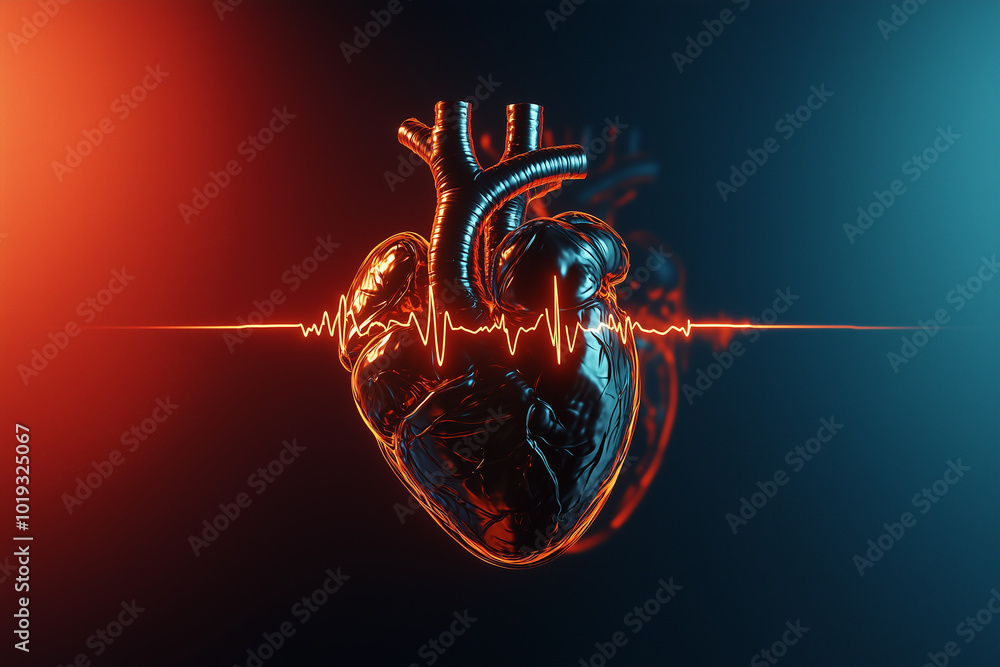 A graphic image of a glowing heart and electrocardiogram lines in a dark environment and black background, showing the dangers of irregular heartbeat. A graphic image of a glowing heart and electrocardiogram lines in a dark environment and black background, showing the dangers of irregular heartbeat.