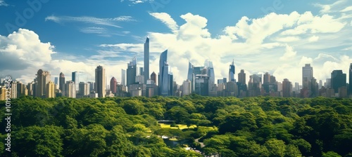 Lush greenery contrasts with a vibrant city skyline under a cloudy sky