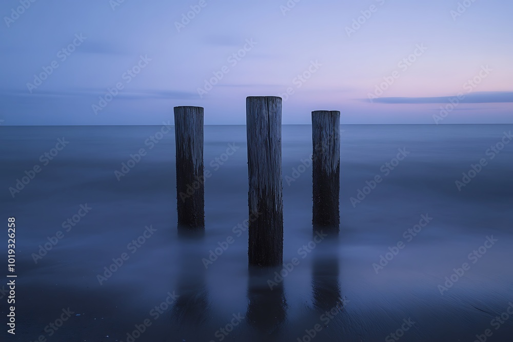A serene seascape featuring three wooden posts emerging from calm waters during twilight. A serene seascape featuring three wooden posts emerging from calm waters during twilight.