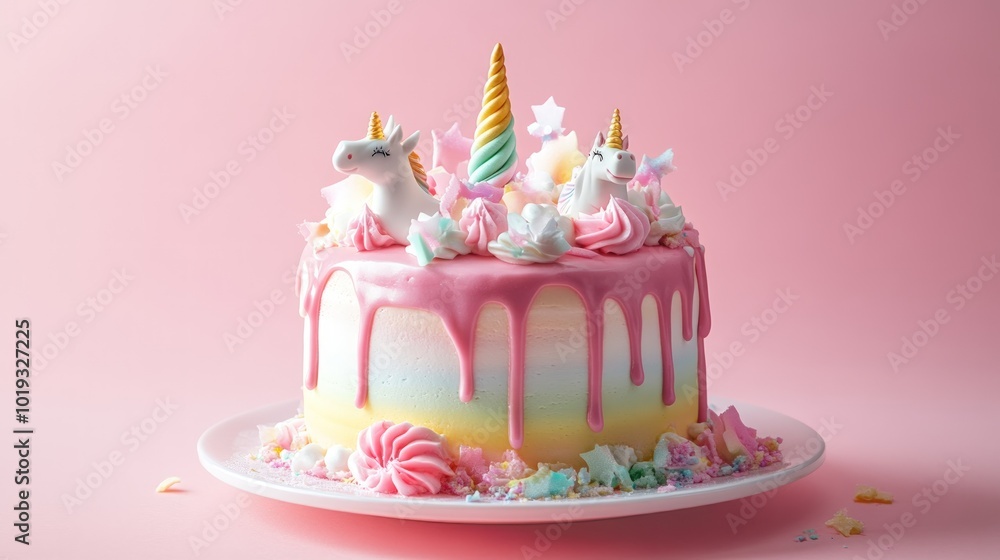 A pink unicorn cake with white frosting and a rainbow swirl on a white plate, decorated with unicorn figures and sprinkles. A pink unicorn cake with white frosting and a rainbow swirl on a white plate, decorated with unicorn figures and sprinkles.