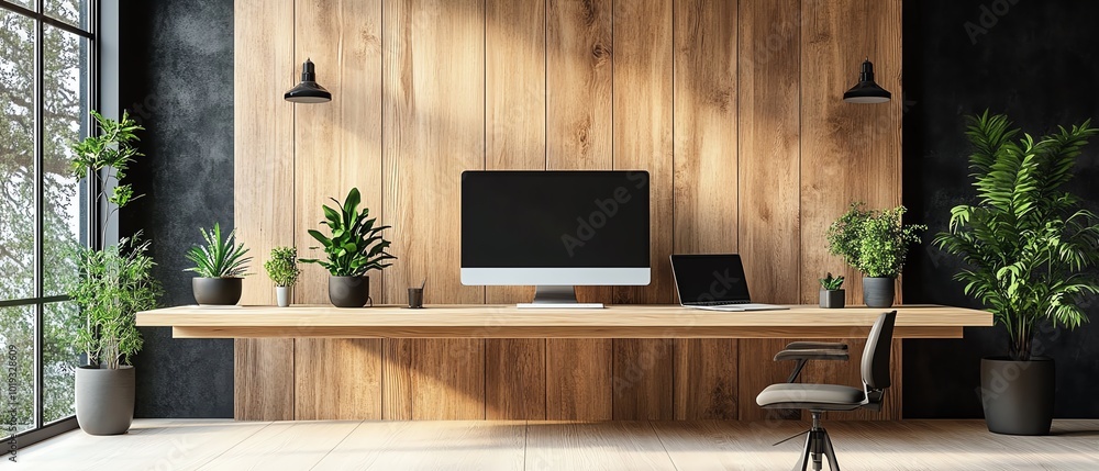 Modern workspace with a computer, plants, and wooden decor. Modern workspace with a computer, plants, and wooden decor.