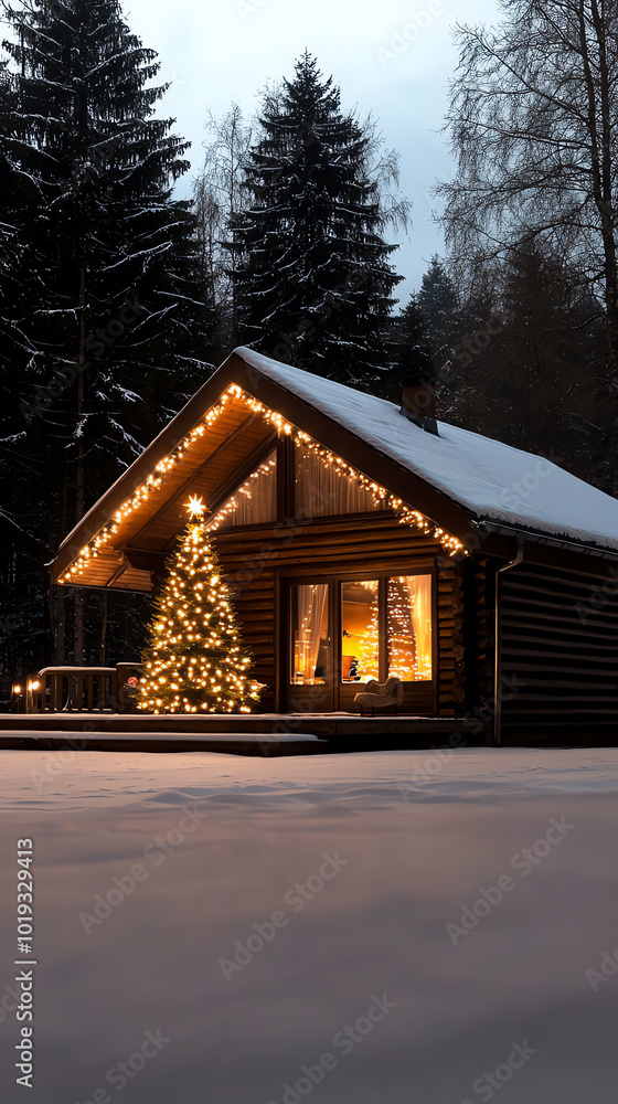 Cozy cabin adorned with holiday lights Cozy cabin adorned with holiday lights