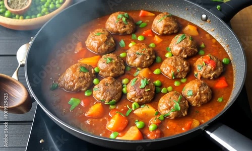 Turkish meatball stew, which is served on a wok on a black wooden table