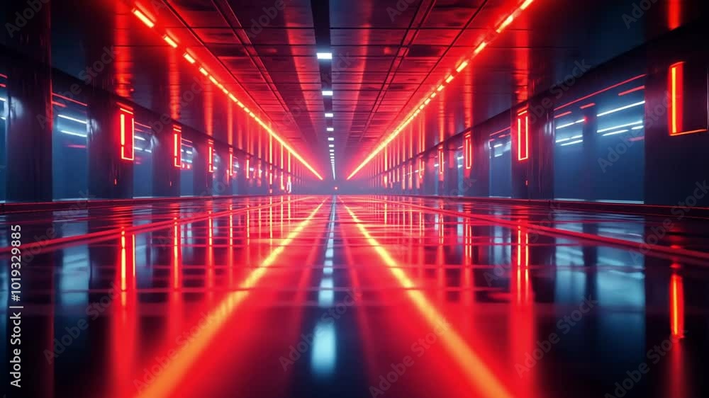 A futuristic corridor illuminated by red lights, reflecting on a wet floor footage A futuristic corridor illuminated by red lights, reflecting on a wet floor footage