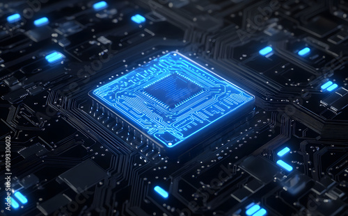 A glowing blue chip with circuit patterns on it, floats over black and white circuits design, symbolizing the power of artificial intelligence (AI) technology design