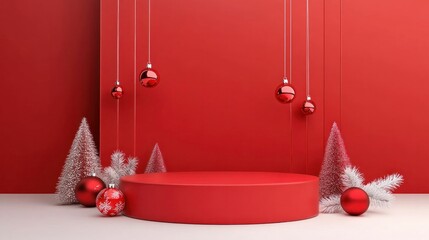 Christmas display, red background, festive decorations, round podium with holiday ornaments, shiny red baubles, silver Christmas trees, ideal for seasonal promotions or product showcases