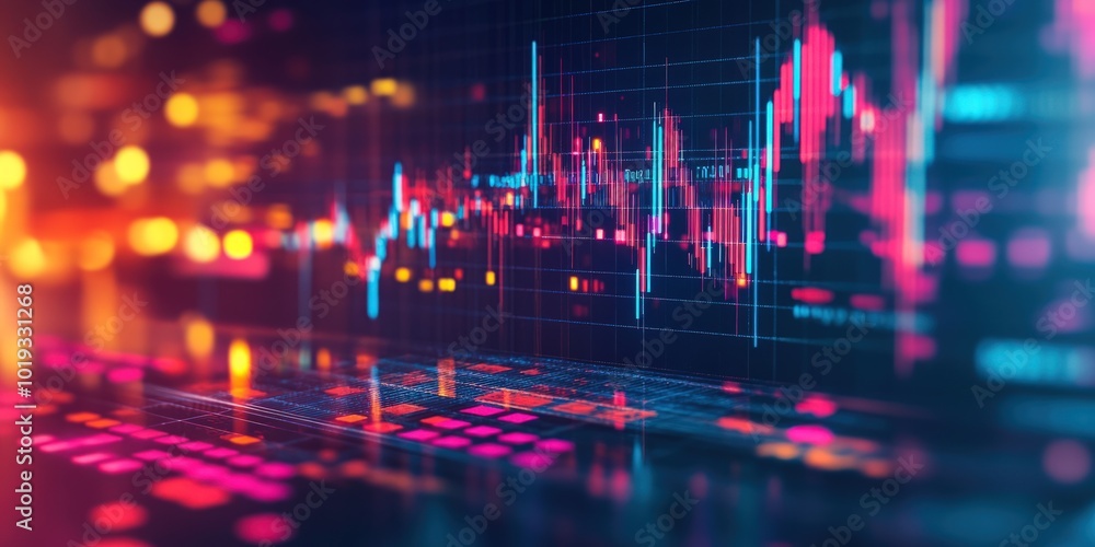 Fototapeta premium Abstract financial chart with a blurred cityscape background.