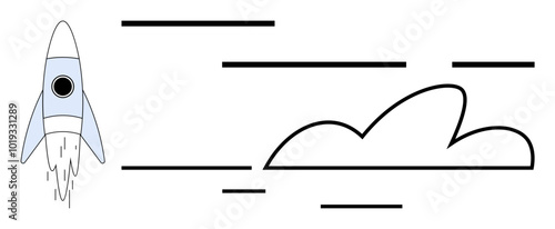 Rocket with smoke trails, beside a cloud and motion lines suggesting speed. Ideal for technology, innovation, progress, space exploration, startups. Modern minimalist style