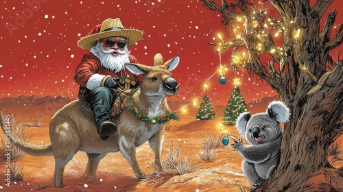 Santa in Australian Outback: Jolly Ride on Kangaroo with Koala Decorating Holiday Tree Under Starry Night