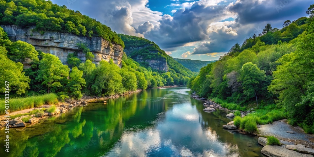 Scenic Views of Buffalo River Surrounded by Lush Greenery and Rocky Landscapes in Nature's Splendor Scenic Views of Buffalo River Surrounded by Lush Greenery and Rocky Landscapes in Nature's Splendor