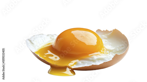 Photo of a broken egg with yolk spilling out, isolated on a white background, simple design photo