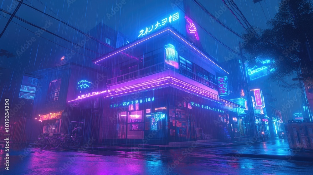 Neon-lit Japanese Street Corner Under Rain Neon-lit Japanese Street Corner Under Rain