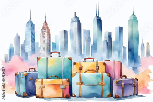 Watercolour Illustration colorful suitcase on a Urban cityscape with tall buildings. Travel Scene with Suitcase.Craft a watercolor Travel Bags a vacation holiday climate theme