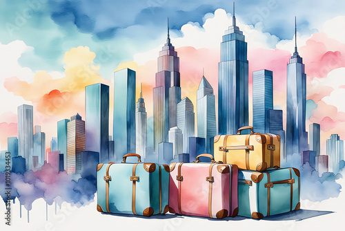 Watercolour Illustration colorful suitcase on a Urban cityscape with tall buildings. Travel Scene with Suitcase.Craft a watercolor Travel Bags a vacation holiday climate theme