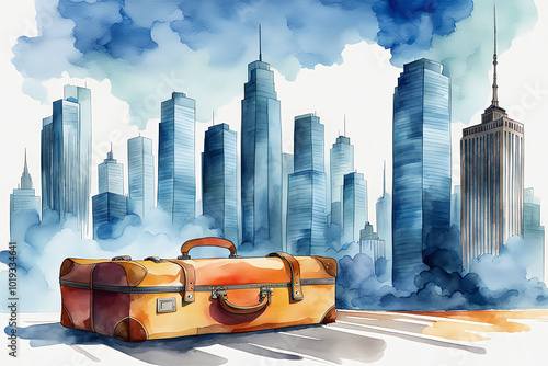 Watercolour Illustration colorful suitcase on a Urban cityscape with tall buildings. Travel Scene with Suitcase.Craft a watercolor Travel Bags a vacation holiday climate theme