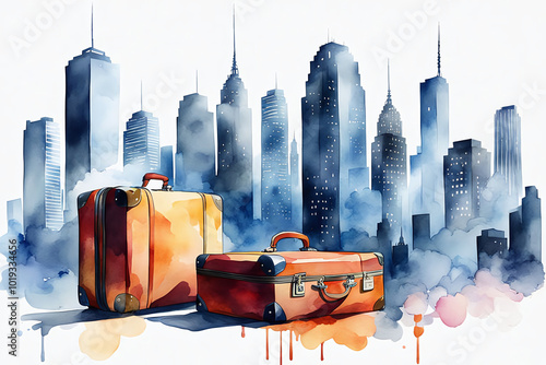 Watercolour Illustration colorful suitcase on a Urban cityscape with tall buildings. Travel Scene with Suitcase.Craft a watercolor Travel Bags a vacation holiday climate theme