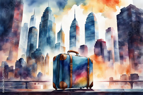 Watercolour Illustration colorful suitcase on a Urban cityscape with tall buildings. Travel Scene with Suitcase.Craft a watercolor Travel Bags a vacation holiday climate theme