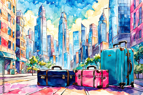 Watercolour Illustration colorful suitcase on a Urban cityscape with tall buildings. Travel Scene with Suitcase.Craft a watercolor Travel Bags a vacation holiday climate theme