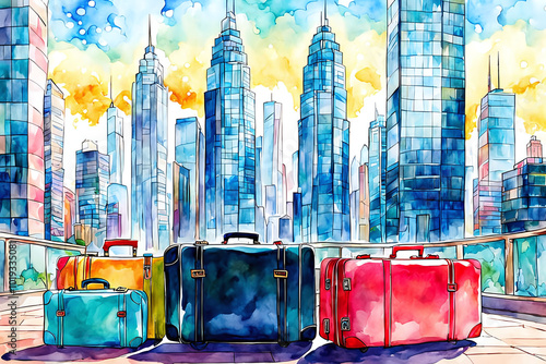 Watercolour Illustration colorful suitcase on a Urban cityscape with tall buildings. Travel Scene with Suitcase.Craft a watercolor Travel Bags a vacation holiday climate theme