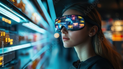 Futuristic Augmented Reality Shopping Experience - Woman with VR Headset and Hologram Interface in Cyberspace