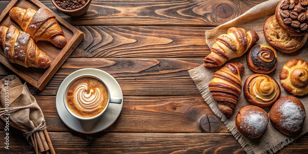 Aerial view of freshly baked pastries and coffee on wooden table in cafe Aerial view of freshly baked pastries and coffee on wooden table in cafe