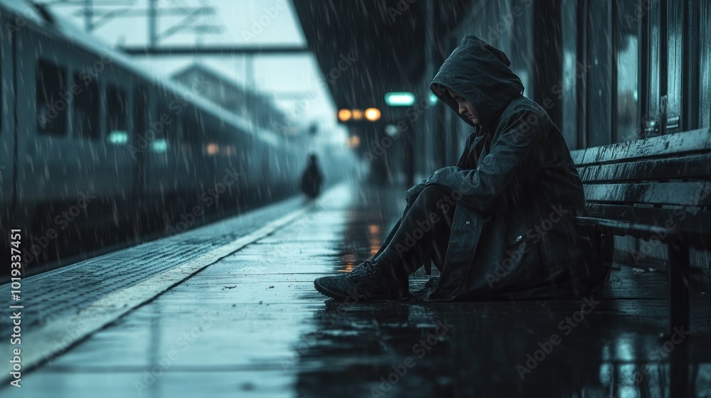 Obraz premium Lonely Figure in the Rain