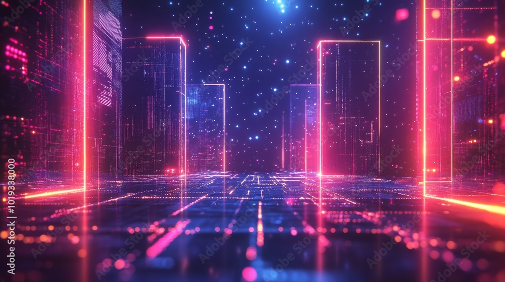 Neon Cityscape with Illuminated Buildings and a Gridded Ground Neon Cityscape with Illuminated Buildings and a Gridded Ground