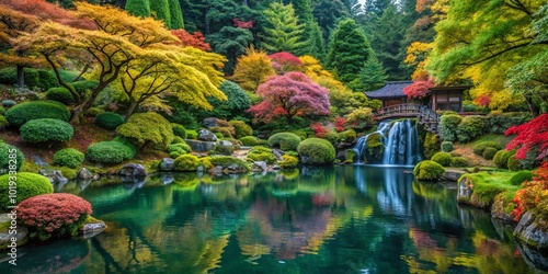 Fototapeta Naklejka Na Ścianę i Meble -  Serene Beauty of Portland Oregon Japanese Garden with Lush Landscapes and Tranquil Water Features