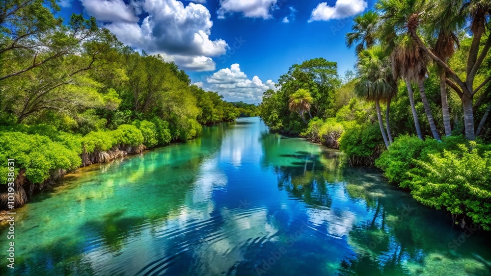 Serene Blue Bayou on Anna Maria Island, Florida with Lush Vegetation and Tranquil Waterscape Serene Blue Bayou on Anna Maria Island, Florida with Lush Vegetation and Tranquil Waterscape